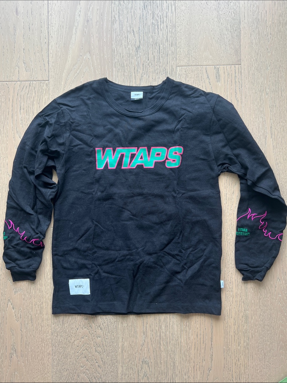 WTAPS Black Long-Sleeve Tee with Teal & Pink Logo